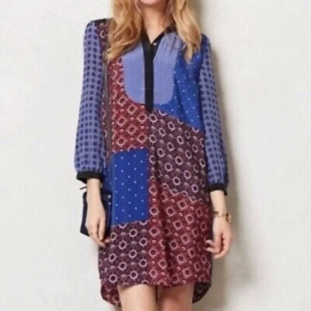 Moulinette Soeurs Anthropologie Silk Patchwork Cottagecore Shirt Dress